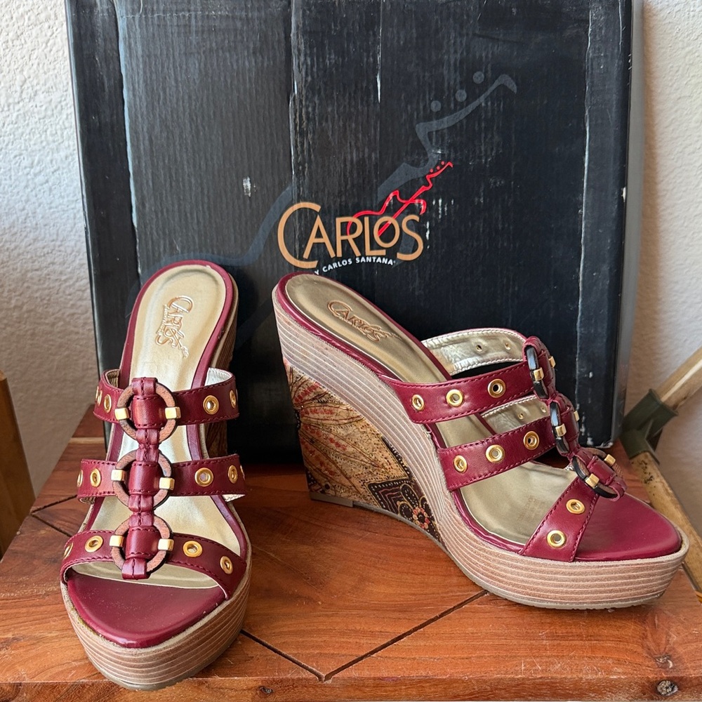 Carlos by Carlos Santana Burgundy Multi-strap Wedge Sandals with Gold Eyelets
